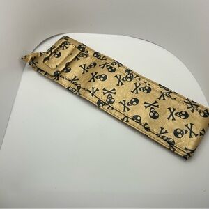 Wide Skull Crossbones Print Belt with Covered Square Buckle - Gold Black 3.5”